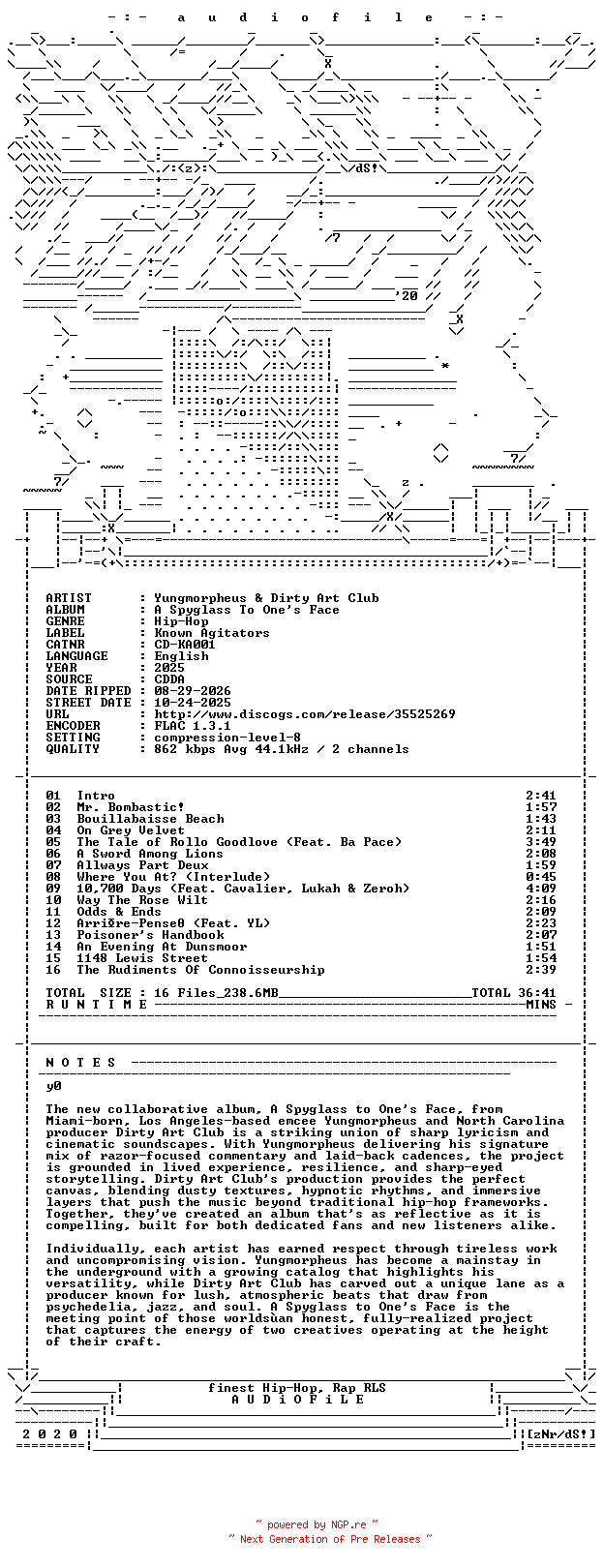 NFO for the release Yungmorpheus_And_Dirty_Art_Club-A_Spyglass_To_Ones_Face-CD-FLAC-2025-AUDiOFiLE by AUDiOFiLE