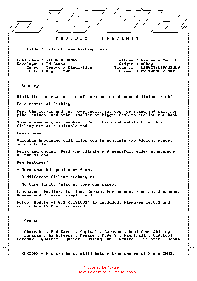 NFO for the release Isle_of_Jura_Fishing_Trip_NSW-SUXXORS by SUXXORS