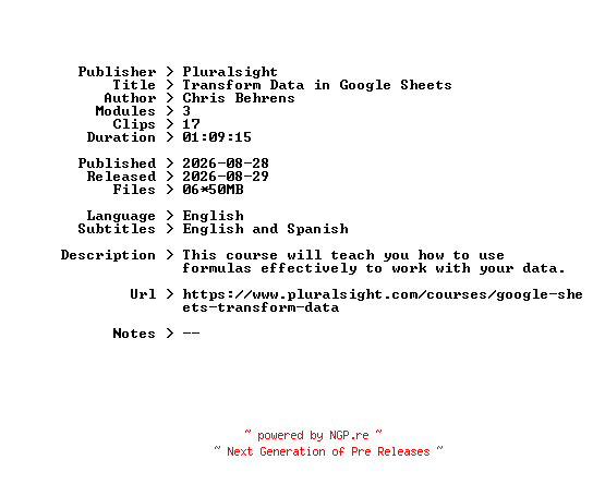 NFO for the release Pluralsight.Transform.Data.in.Google.Sheets.2026.BOOKWARE-GETH by GETH