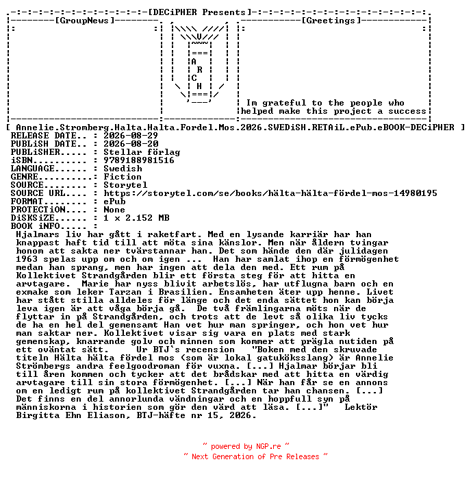 NFO for the release Annelie.Stromberg.Halta.Halta.Fordel.Mos.2026.SWEDiSH.RETAiL.ePub.eBOOK-DECiPHER by DECiPHER