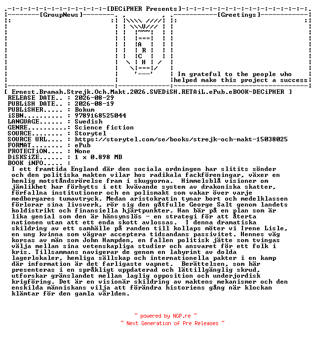 NFO for the release Ernest.Bramah.Strejk.Och.Makt.2026.SWEDiSH.RETAiL.ePub.eBOOK-DECiPHER by DECiPHER
