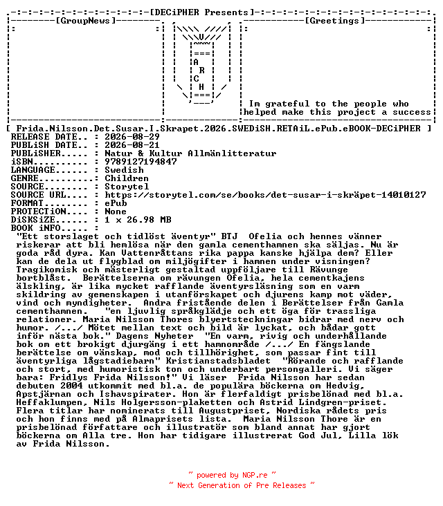 NFO for the release Frida.Nilsson.Det.Susar.I.Skrapet.2026.SWEDiSH.RETAiL.ePub.eBOOK-DECiPHER by DECiPHER
