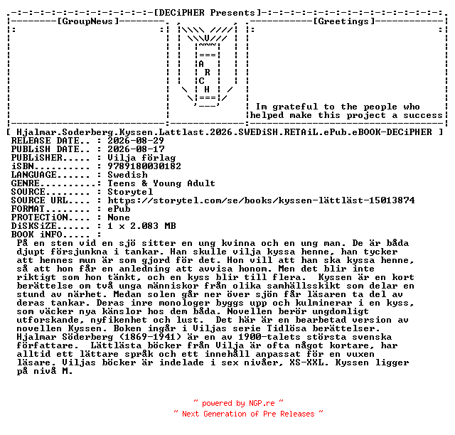 NFO for the release Hjalmar.Soderberg.Kyssen.Lattlast.2026.SWEDiSH.RETAiL.ePub.eBOOK-DECiPHER by DECiPHER