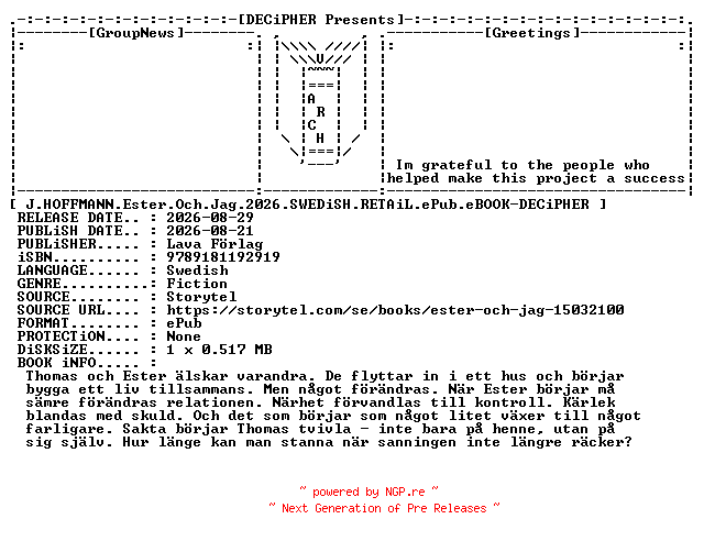 NFO for the release J.Hoffmann.Ester.Och.Jag.2026.SWEDiSH.RETAiL.ePub.eBOOK-DECiPHER by DECiPHER