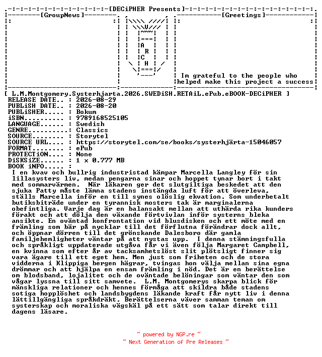 NFO for the release L.M.Montgomery.Systerhjarta.2026.SWEDiSH.RETAiL.ePub.eBOOK-DECiPHER by DECiPHER