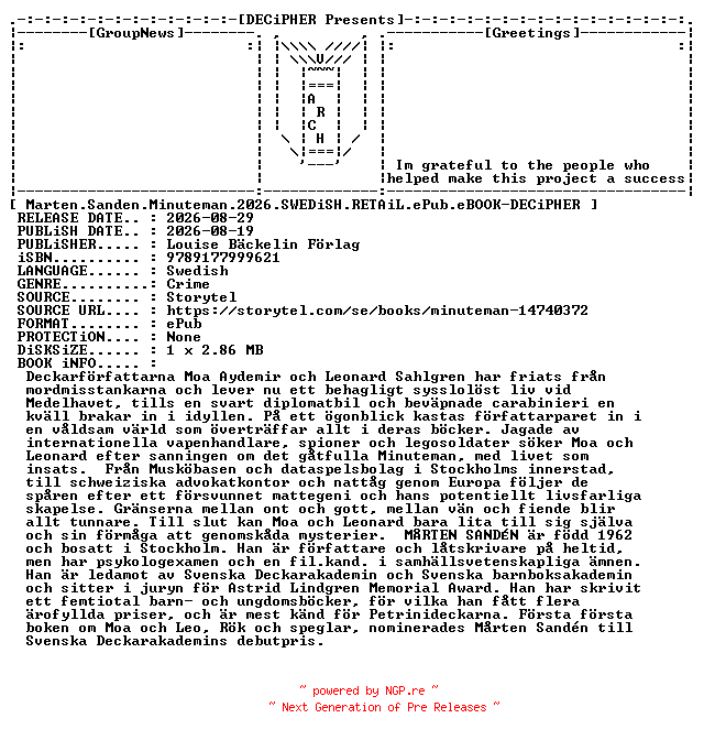 NFO for the release Marten.Sanden.Minuteman.2026.SWEDiSH.RETAiL.ePub.eBOOK-DECiPHER by DECiPHER