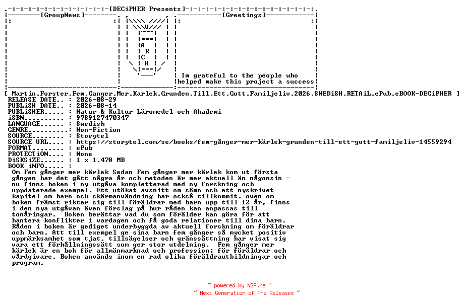 NFO for the release Martin.Forster.Fem.Ganger.Mer.Karlek.Grunden.Till.Ett.Gott.Familjeliv.2026.SWEDiSH.RETAiL.ePub.eBOOK-DECiPHER by DECiPHER