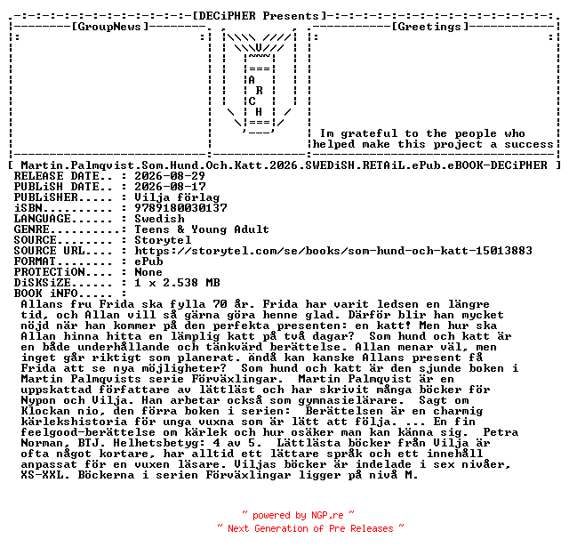 NFO for the release Martin.Palmqvist.Som.Hund.Och.Katt.2026.SWEDiSH.RETAiL.ePub.eBOOK-DECiPHER by DECiPHER