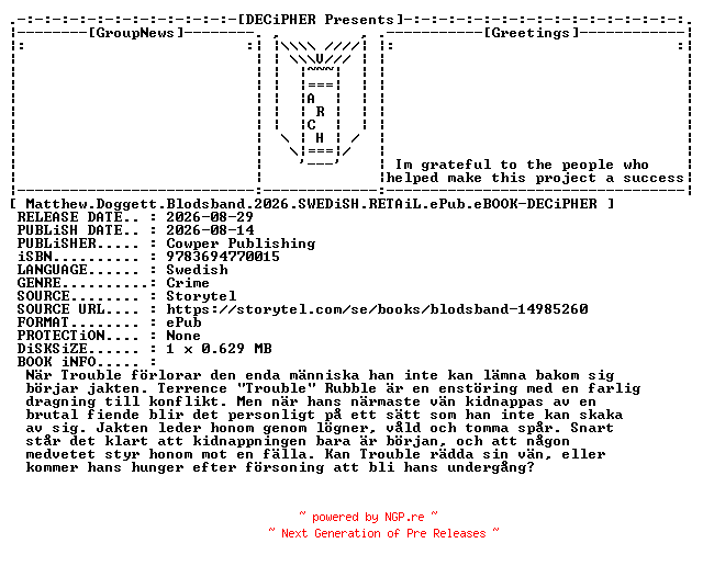 NFO for the release Matthew.Doggett.Blodsband.2026.SWEDiSH.RETAiL.ePub.eBOOK-DECiPHER by DECiPHER