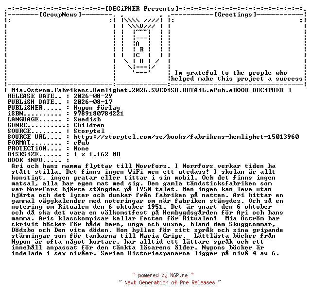 NFO for the release Mia.Ostrom.Fabrikens.Hemlighet.2026.SWEDiSH.RETAiL.ePub.eBOOK-DECiPHER by DECiPHER