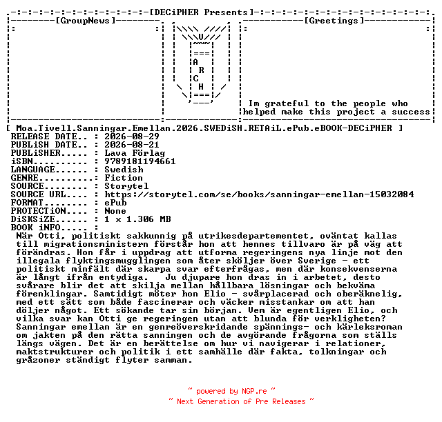 NFO for the release Moa.Tivell.Sanningar.Emellan.2026.SWEDiSH.RETAiL.ePub.eBOOK-DECiPHER by DECiPHER
