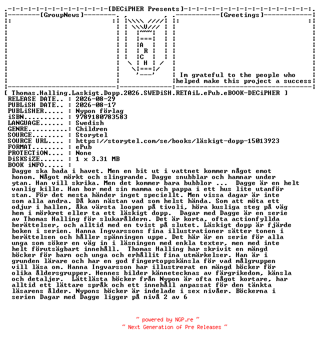 NFO for the release Thomas.Halling.Laskigt.Dopp.2026.SWEDiSH.RETAiL.ePub.eBOOK-DECiPHER by DECiPHER