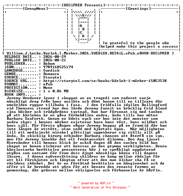 NFO for the release William.J.Locke.Karlek.I.Morker.2026.SWEDiSH.RETAiL.ePub.eBOOK-DECiPHER by DECiPHER
