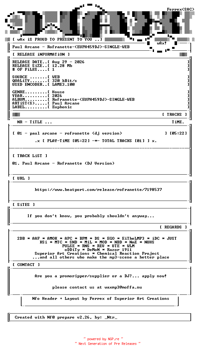 NFO for the release Paul_Arcane-Rofranette-(EUPH459DJ)-SINGLE-WEB-2026-wAx by wAx