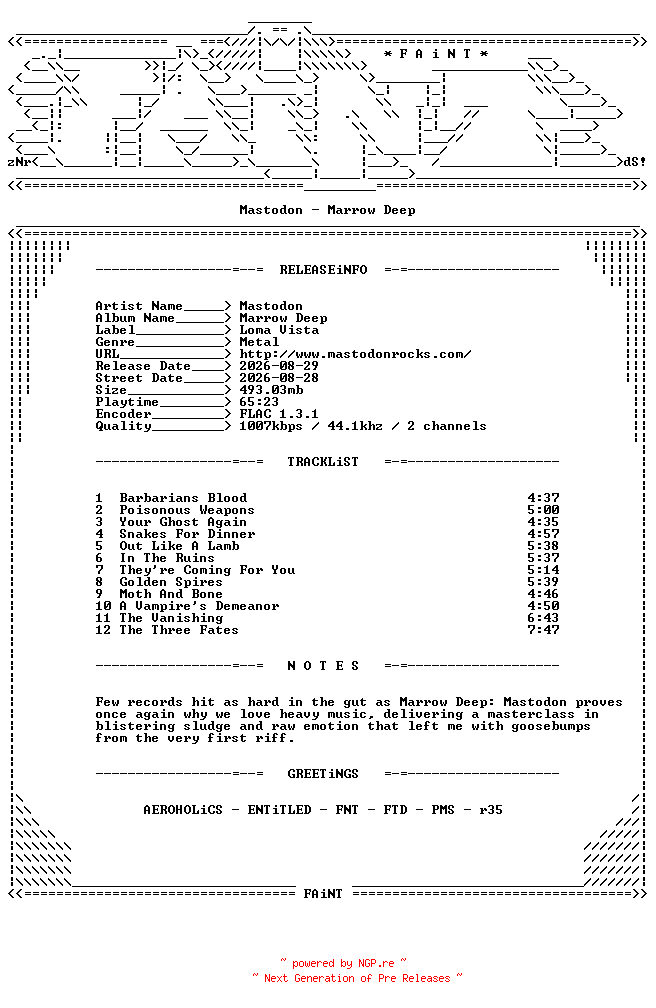 NFO for the release Mastodon-Marrow_Deep-CD-FLAC-2026-FAiNT by FAiNT