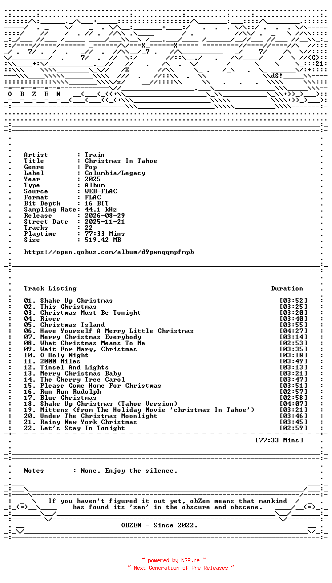 NFO for the release Train-Christmas_In_Tahoe-16BIT-WEB-FLAC-2025-OBZEN by OBZEN