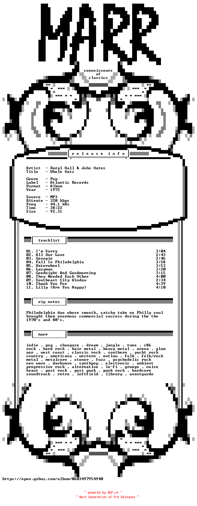 NFO for the release Daryl_Hall_And_John_Oates-Whole_Oats-WEB-1972-MARR by MARR