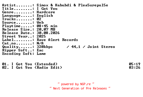 NFO for the release Simox_and_Habubdi_and_Plea5urepul5e-I_Got_You-WEB-2025-XTC_iNT by XTC_iNT