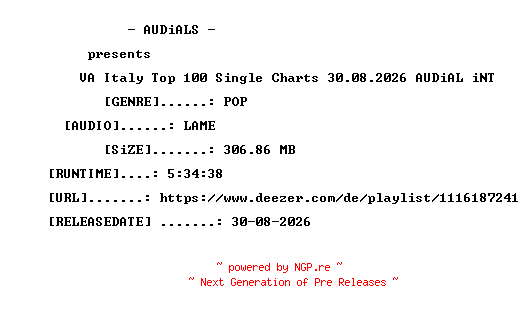 NFO for the release VA-Italy_Top_100_Single_Charts_30.08.2026-AUDiAL_iNT by AUDiAL_iNT
