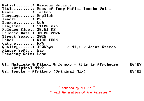 NFO for the release VA-Best_of_Tony_Mafia_Tonoko_Vol_1-WEB-2025-XTC_iNT by XTC_iNT