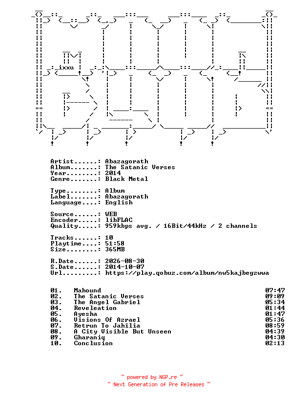 NFO for the release Abazagorath-The_Satanic_Verses-16BIT-WEB-FLAC-2014-MOONBLOOD by MOONBLOOD