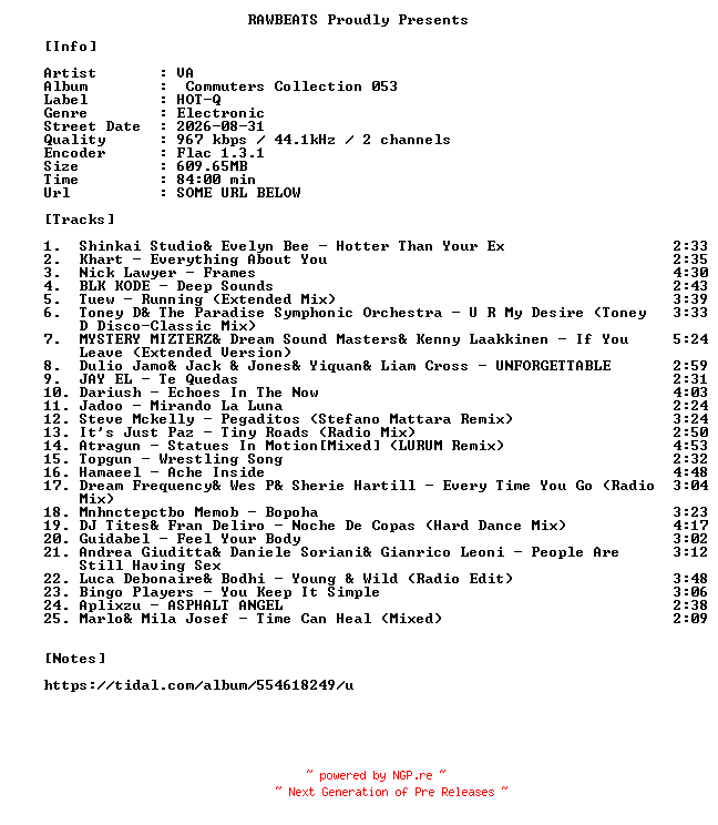 NFO for the release VA-Commuters_Collection_053-16BIT-WEB-FLAC-2026-RAWBEATS by RAWBEATS