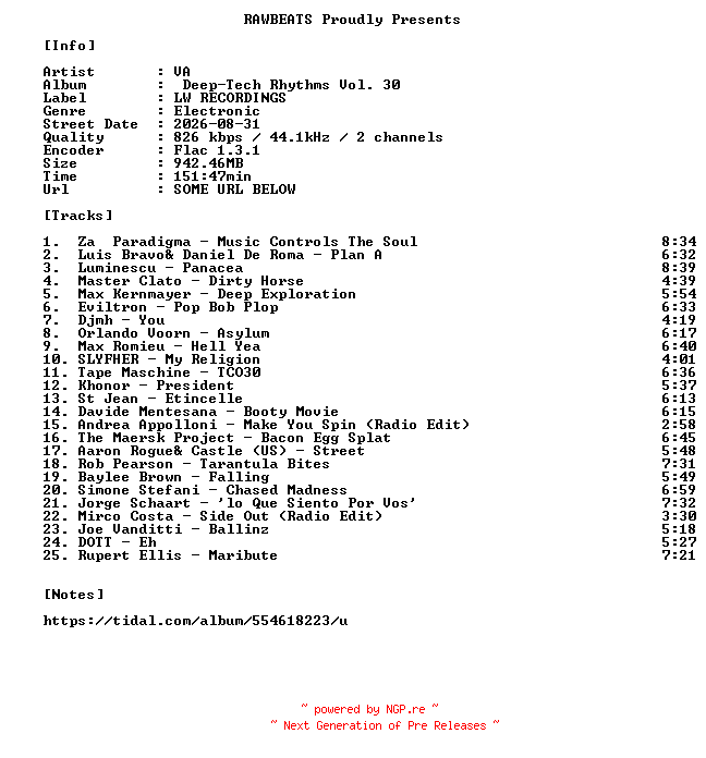 NFO for the release VA-Deep-Tech_Rhythms_Vol._30-16BIT-WEB-FLAC-2026-RAWBEATS by RAWBEATS