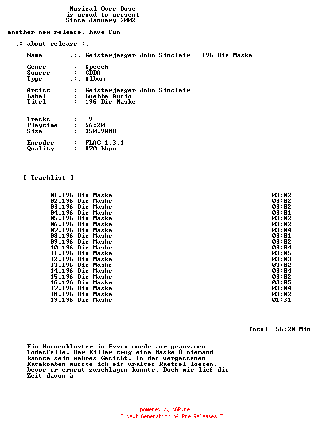NFO for the release Geisterjaeger_John_Sinclair-196_Die_Maske-DE-Audiobook-CD-FLAC-2026-MOD by MOD