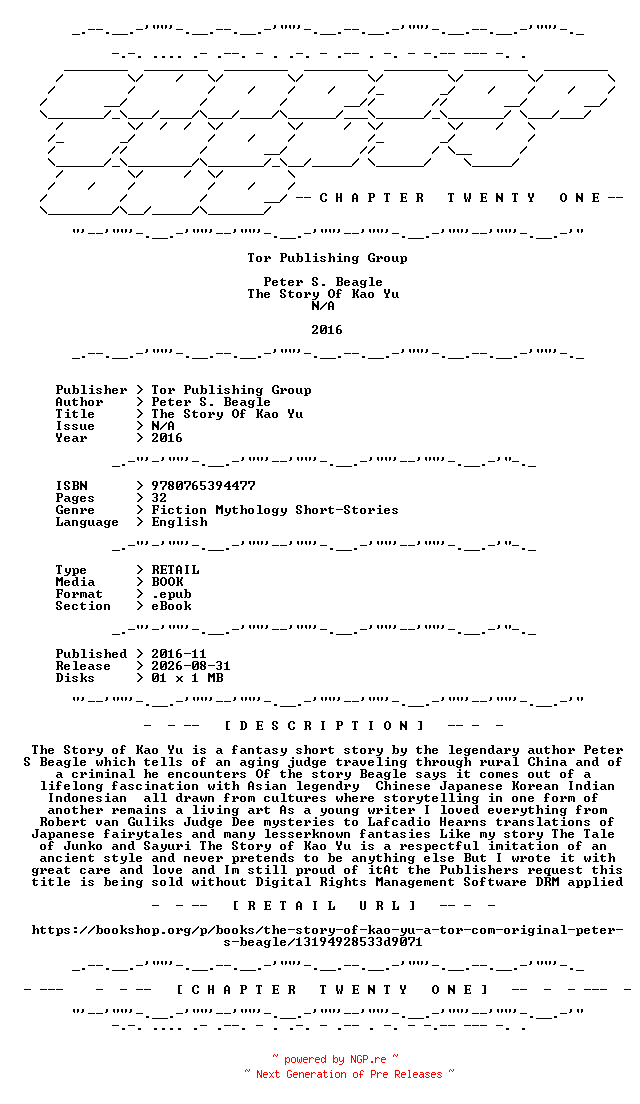 NFO for the release Peter.S.Beagle.-.The.Story.Of.Kao.Yu.2016.RETAIL.EPUB.eBook-CTO by CTO