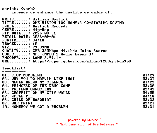 NFO for the release William_Bostick-ONE_VISION_TOO_MANY2_CO-STARING_DAVINA-WEB-2026-ENRiCH by ENRiCH