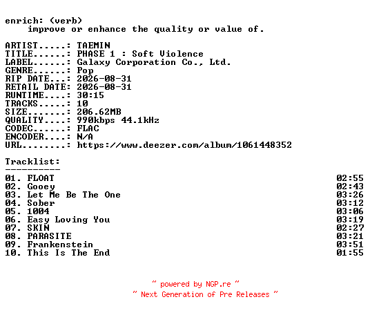 NFO for the release TAEMIN-PHASE_1__Soft_Violence-KR-16BIT-WEB-FLAC-2026-ENRiCH by ENRiCH