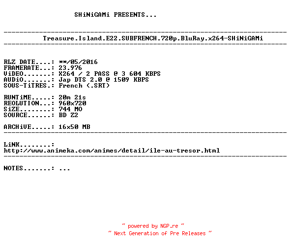 NFO for the release Treasure.Island.E22.SUBFRENCH.720p.BluRay.x264-SHiNiGAMi by SHiNiGAMi