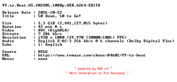 NFO for the release 99.to.Beat.US.S02E05.1080p.WEB.h264-EDITH by EDITH