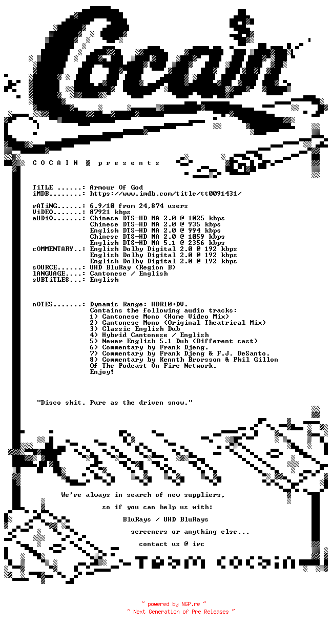 NFO for the release Armour.Of.God.1986.2160p.UHD.BluRay.H265-COCAIN by COCAIN