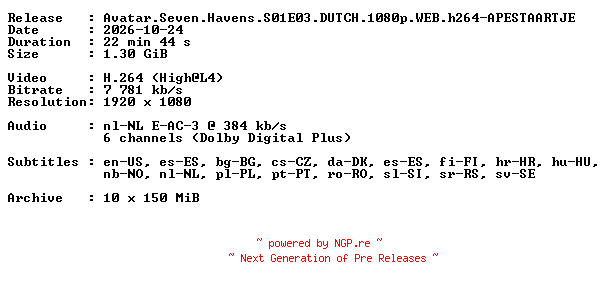 NFO for the release Avatar.Seven.Havens.S01E03.DUTCH.1080p.WEB.h264-APESTAARTJE by APESTAARTJE