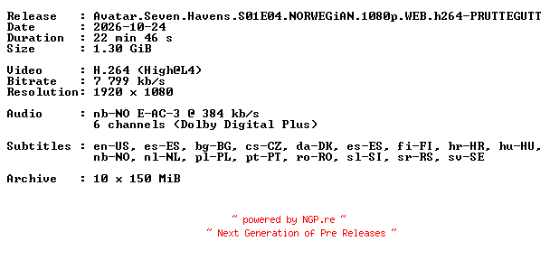 NFO for the release Avatar.Seven.Havens.S01E04.NORWEGiAN.1080p.WEB.h264-PRUTTEGUTT by PRUTTEGUTT
