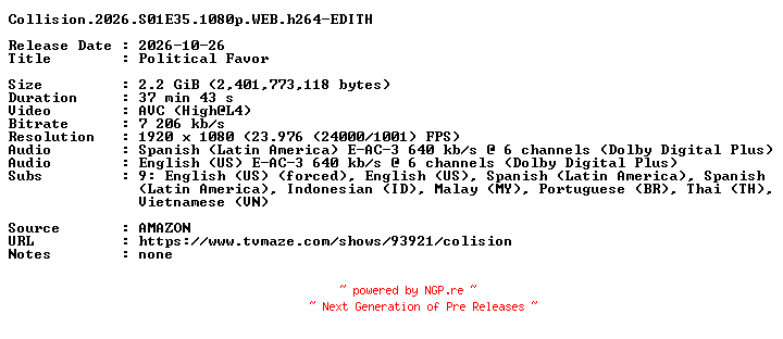 NFO for the release Collision.2026.S01E35.1080p.WEB.h264-EDITH by EDITH