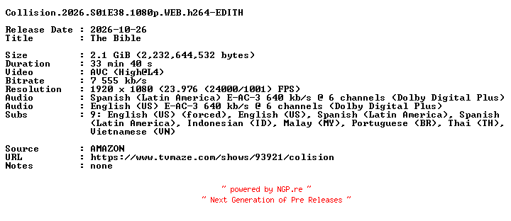 NFO for the release Collision.2026.S01E38.1080p.WEB.h264-EDITH by EDITH
