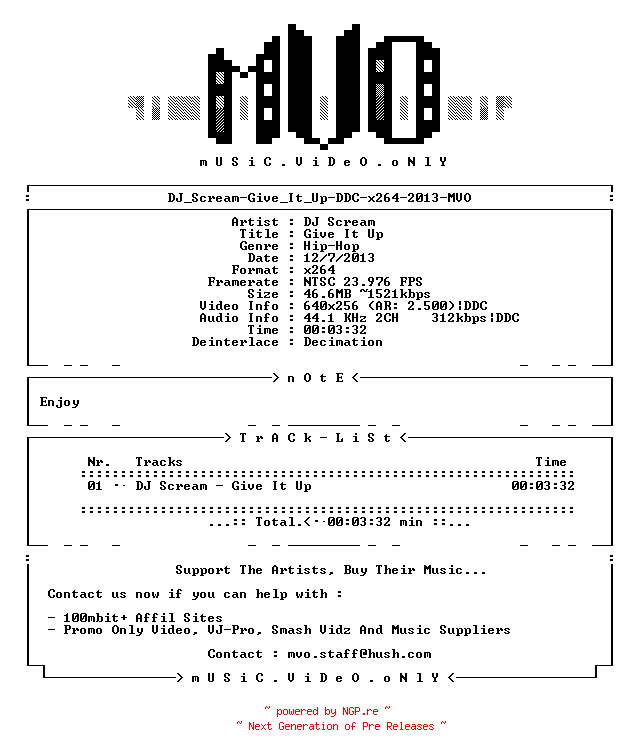 NFO for the release DJ_Scream-Give_It_Up-DDC-x264-2013-MVO by MVO