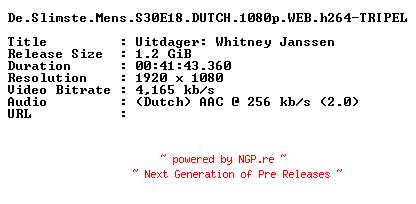 NFO for the release De.Slimste.Mens.S30E18.DUTCH.1080p.WEB.h264-TRIPEL by TRIPEL