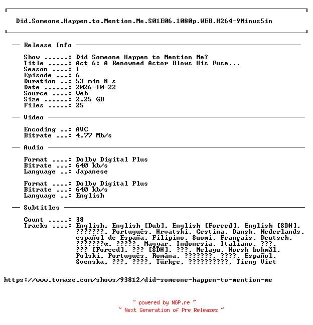 NFO for the release Did.Someone.Happen.to.Mention.Me.S01E06.1080p.WEB.H264-9Minus5in by 9Minus5in