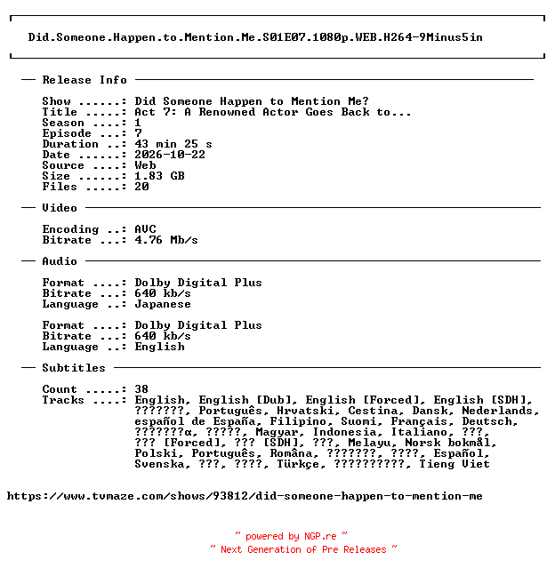 NFO for the release Did.Someone.Happen.to.Mention.Me.S01E07.1080p.WEB.H264-9Minus5in by 9Minus5in