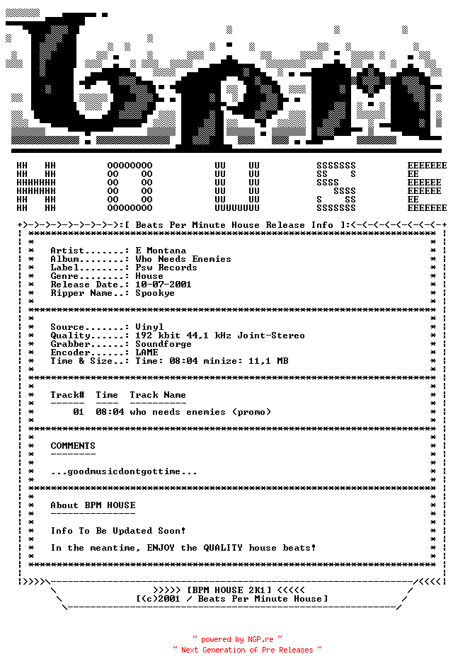 NFO for the release E_Montana-Who_Needs_Enemies-Promo_Vinyl-1983-BPM_HOUSE by BPM_HOUSE