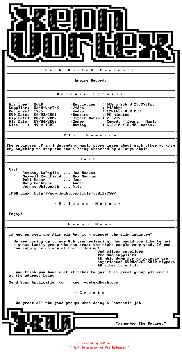 NFO for the release Empire.Records.1995.iNT.DVDRip.XviD-xV by xV