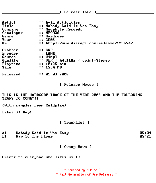 NFO for the release Evil_Activities_-_Nobody_Said_It_Was_Easy_(NEO036)_Vinyl-2008-hM by hM