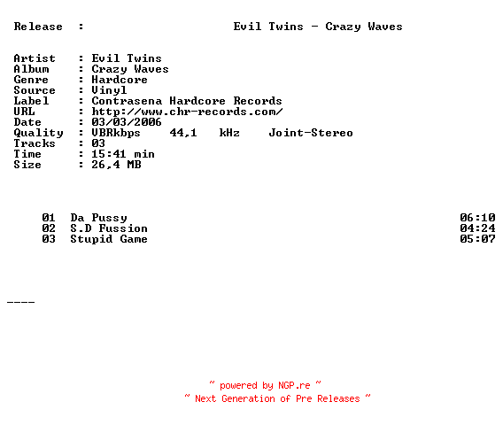 NFO for the release Evil_Twins_-_Crazy_Waves-(CHR582)-Vinyl-2006-OBC by OBC