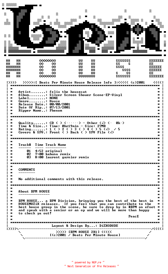 NFO for the release Felix_the_housecat-Silver_Screen_Shower_Scene-EP-Vinyl-BPM_HOUSE by BPM_HOUSE