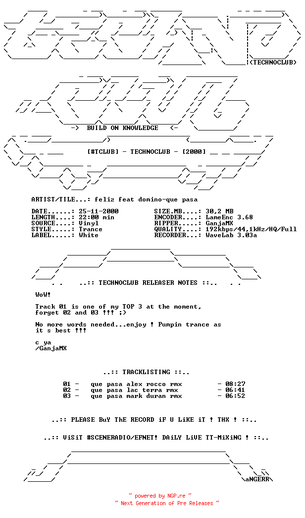 NFO for the release Feliz_feat_domino-que_pasa-vinyl-2000-tclub by tclub