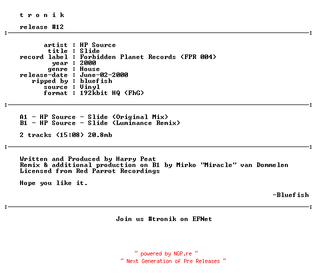 NFO for the release HP_Source-Slide_(FPR_004)-VL-2000-tronik by tronik