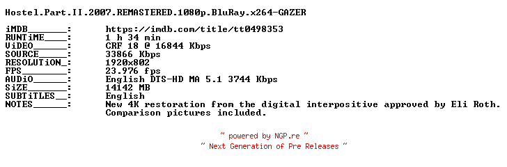 NFO for the release Hostel.Part.II.2007.REMASTERED.1080p.BluRay.x264-GAZER by GAZER